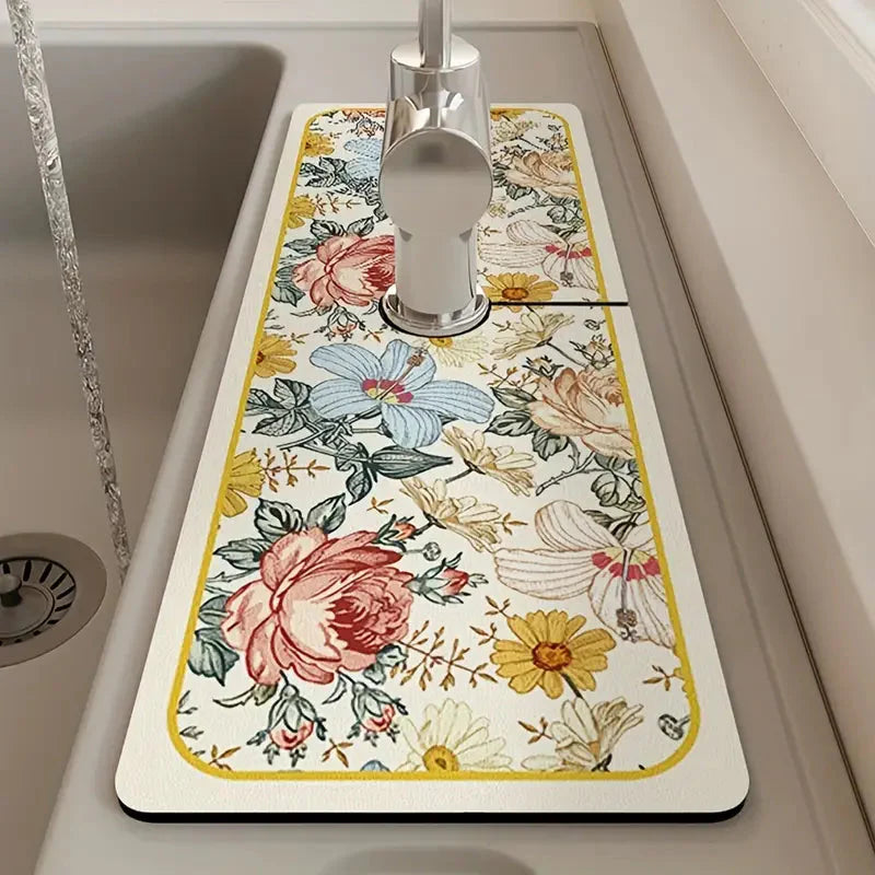 Floral Sink Faucet Absorbent Mat