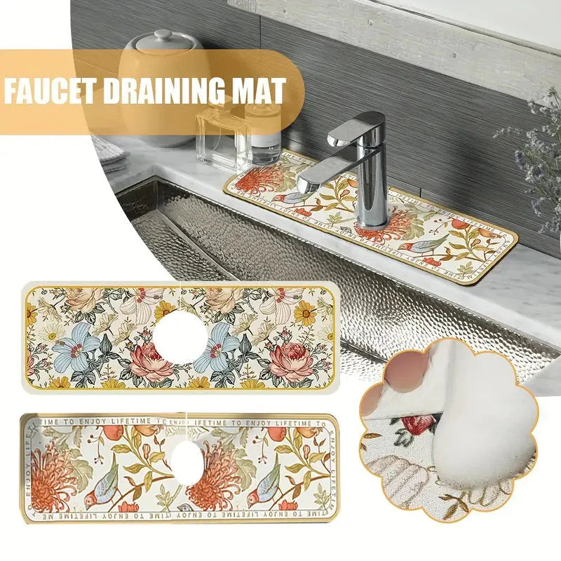 Floral Sink Faucet Absorbent Mat