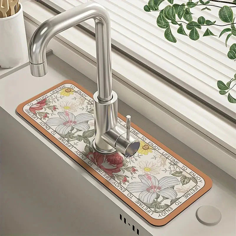 Floral Sink Faucet Absorbent Mat